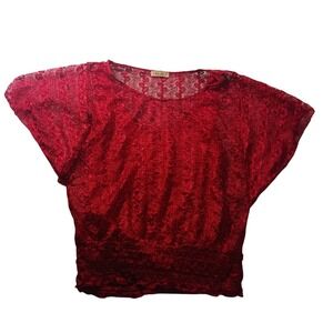 Lavish Red Lace Sheer Top Sz S Ruched Waist Cap Sleeve Romantic Holiday Blouse